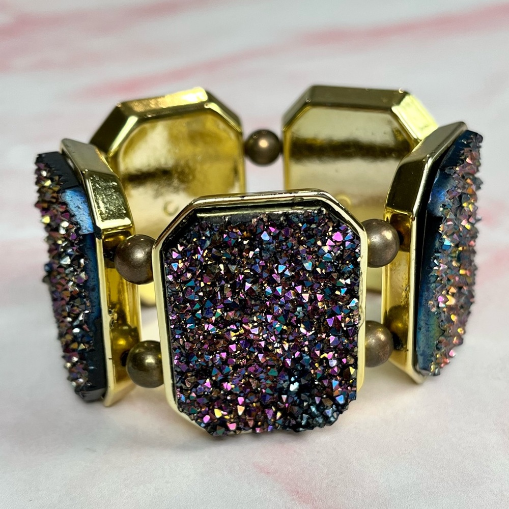 Purple blue multicolor druzy stone and gold bracelet octagon shape